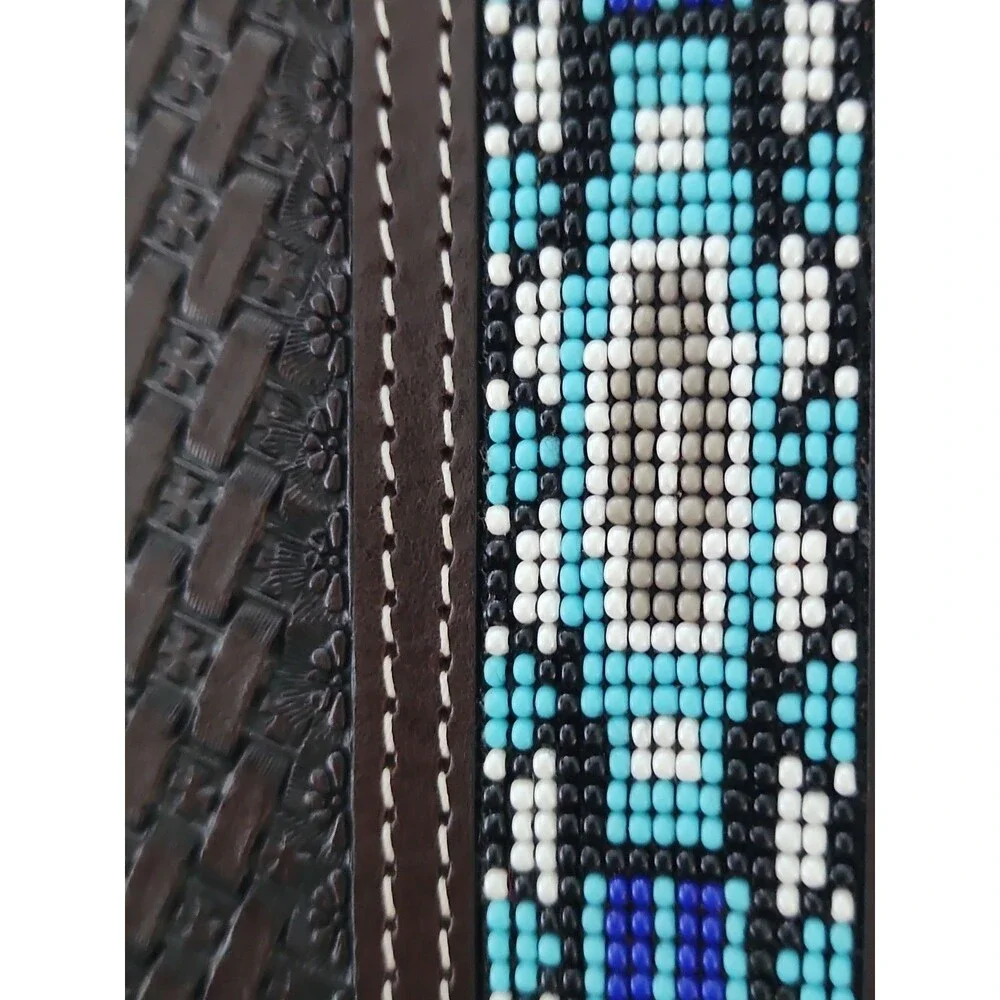 Ranger Belt Co H1052T Trifold Wallet Beaded Inlay Basketweave Leather Dark Brown